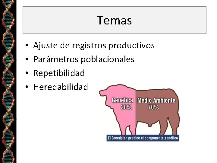 Temas • • Ajuste de registros productivos Parámetros poblacionales Repetibilidad Heredabilidad 