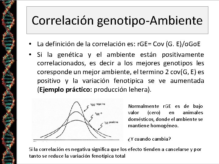 Correlación genotipo-Ambiente • La definición de la correlación es: r. GE= Cov (G. E)/σGσE