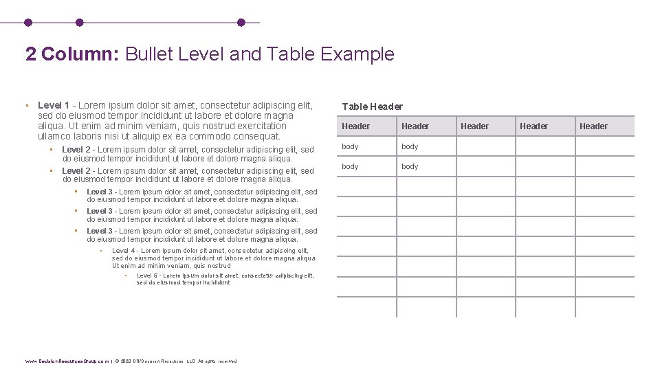 2 Column: Bullet Level and Table Example • Level 1 - Lorem ipsum dolor 2 Column: Bullet Level and Table Example • Level 1 - Lorem ipsum dolor