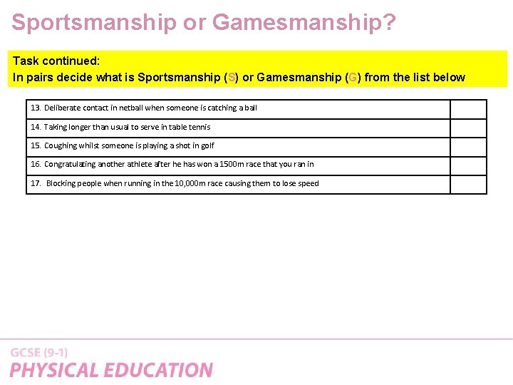 Sportsmanship or Gamesmanship? Task continued: In pairs decide what is Sportsmanship (S) or Gamesmanship