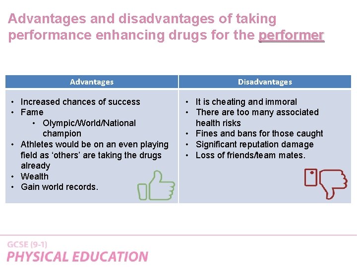 Advantages and disadvantages of taking performance enhancing drugs for the performer Advantages • Increased