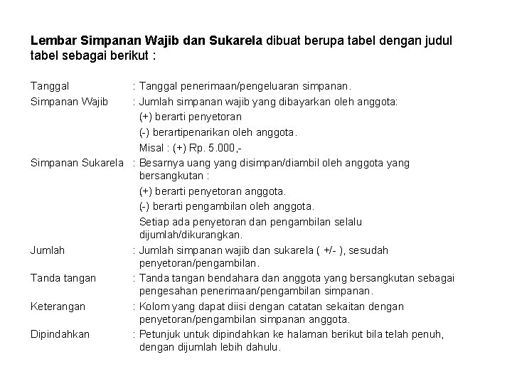 Lembar Simpanan Wajib dan Sukarela dibuat berupa tabel dengan judul tabel sebagai berikut : Lembar Simpanan Wajib dan Sukarela dibuat berupa tabel dengan judul tabel sebagai berikut :