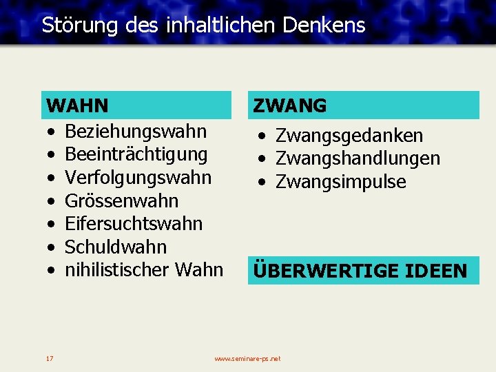 Störung des inhaltlichen Denkens WAHN • Beziehungswahn • Beeinträchtigung • Verfolgungswahn • Grössenwahn •