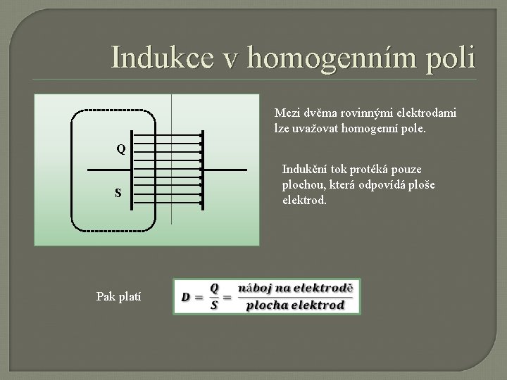 Indukce v homogenním poli Mezi dvěma rovinnými elektrodami lze uvažovat homogenní pole. Q Indukční