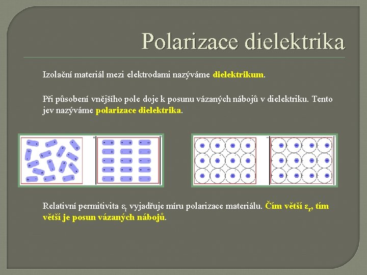 Polarizace dielektrika Izolační materiál mezi elektrodami nazýváme dielektrikum Při působení vnějšího pole doje k