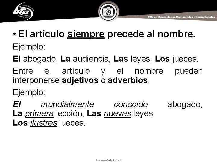  • El artículo siempre precede al nombre. Ejemplo: El abogado, La audiencia, Las