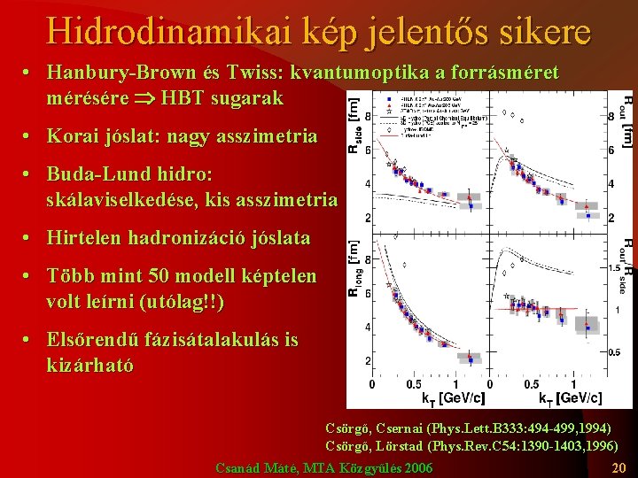 Hidrodinamikai kép jelentős sikere • Hanbury-Brown és Twiss: kvantumoptika a forrásméret mérésére HBT sugarak