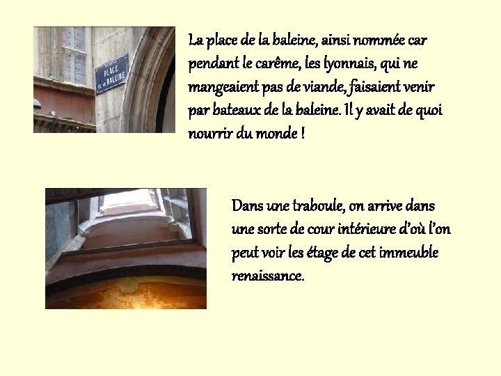 La place de la baleine, ainsi nommée car pendant le carême, les lyonnais, qui La place de la baleine, ainsi nommée car pendant le carême, les lyonnais, qui