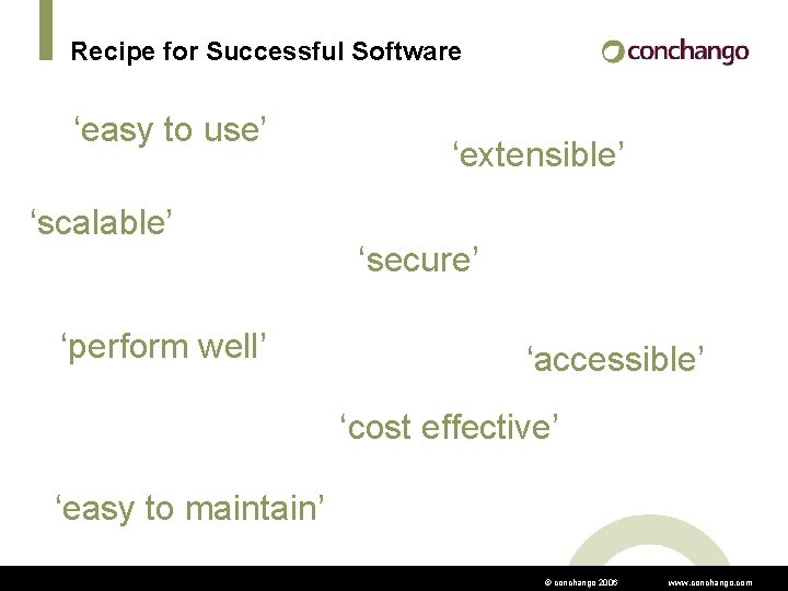 Recipe for Successful Software ‘easy to use’ ‘scalable’ ‘perform well’ ‘extensible’ ‘secure’ ‘accessible’ ‘cost