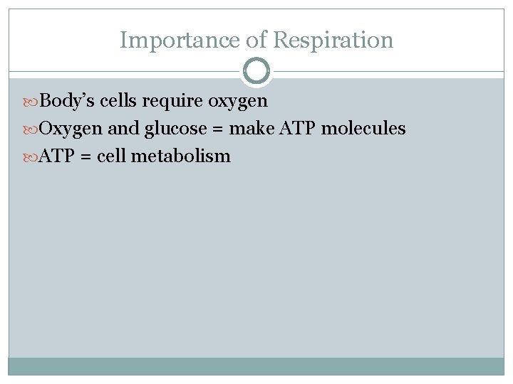 Importance of Respiration Body’s cells require oxygen Oxygen and glucose = make ATP molecules