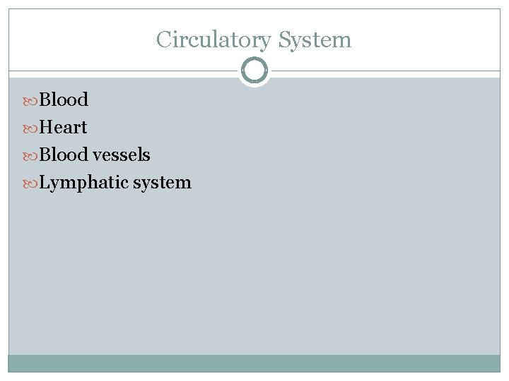 Circulatory System Blood Heart Blood vessels Lymphatic system 