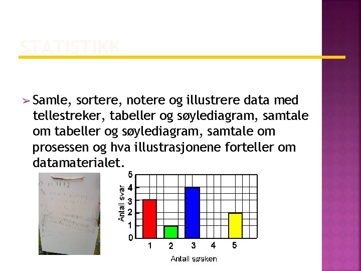 STATISTIKK ➢ Samle, sortere, notere og illustrere data med tellestreker, tabeller og søylediagram, samtale