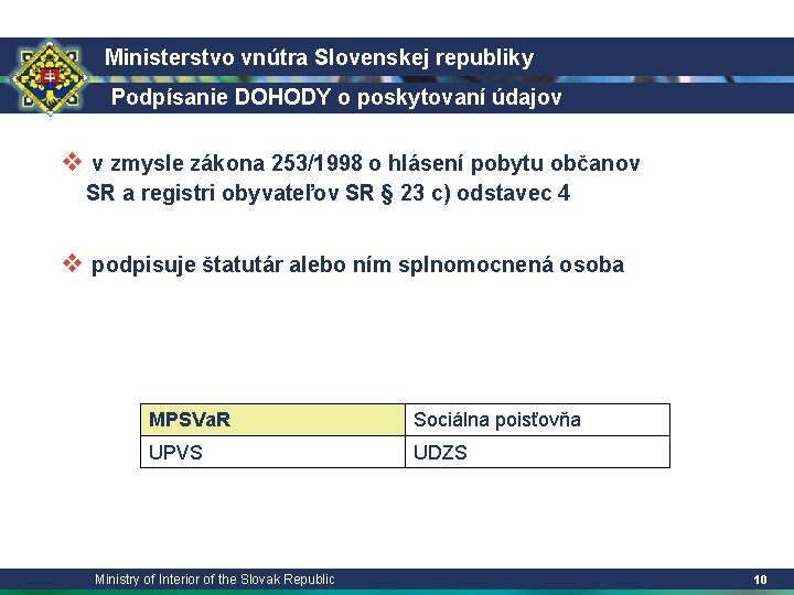 Ministerstvo vnútra Slovenskej republiky Podpísanie DOHODY o poskytovaní údajov v v zmysle zákona 253/1998 Ministerstvo vnútra Slovenskej republiky Podpísanie DOHODY o poskytovaní údajov v v zmysle zákona 253/1998