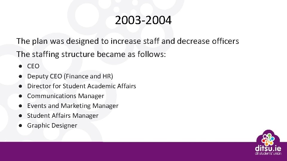 2003 -2004 The plan was designed to increase staff and decrease officers The staffing