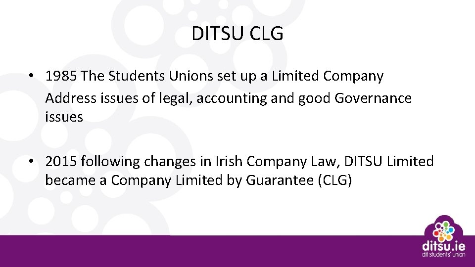 DITSU CLG • 1985 The Students Unions set up a Limited Company Address issues