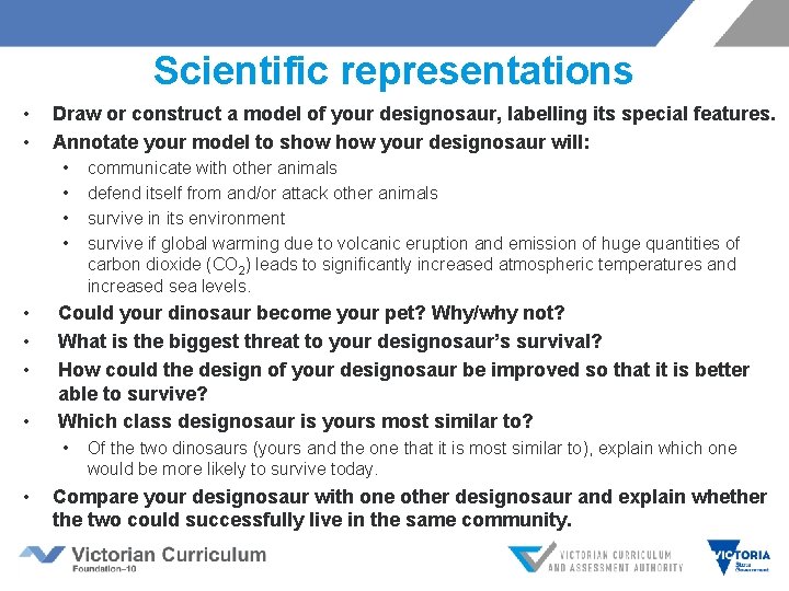 Scientific representations • • Draw or construct a model of your designosaur, labelling its