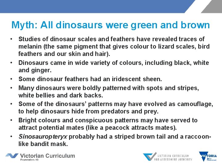 Myth: All dinosaurs were green and brown • Studies of dinosaur scales and feathers