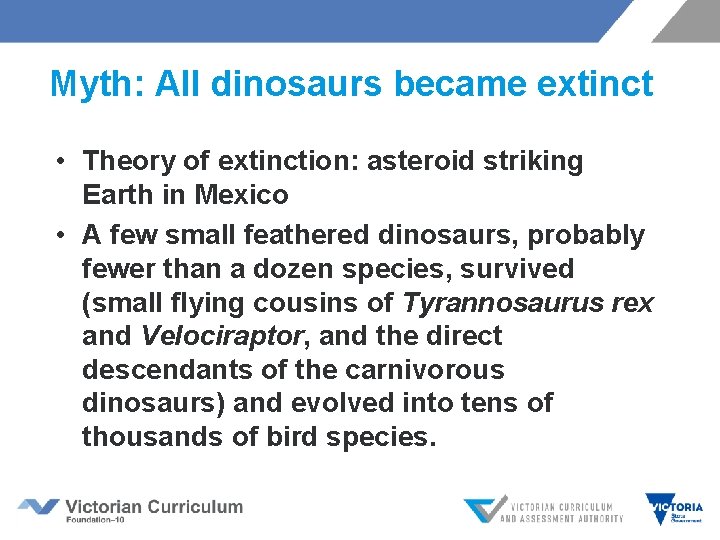 Myth: All dinosaurs became extinct • Theory of extinction: asteroid striking Earth in Mexico