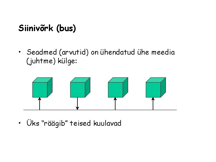 Siinivõrk (bus) • Seadmed (arvutid) on ühendatud ühe meedia (juhtme) külge: • Üks “räägib”