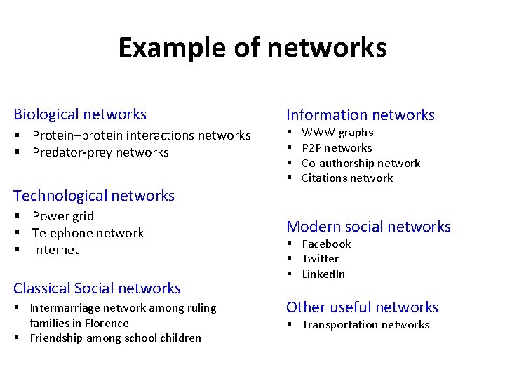 Example of networks Biological networks Information networks § Protein–protein interactions networks § Predator-prey networks