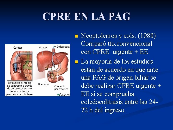 CPRE EN LA PAG n n Neoptolemos y cols. (1988) Comparó tto. convencional con