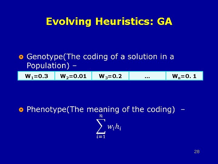 Evolving Heuristics: GA W 1=0. 3 W 2=0. 01 W 3=0. 2 … Wn=0.