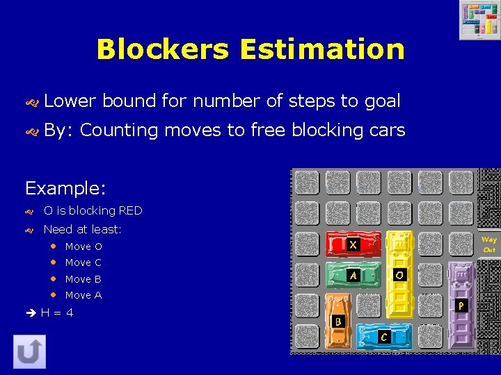 Blockers Estimation Lower bound for number of steps to goal By: Counting moves to