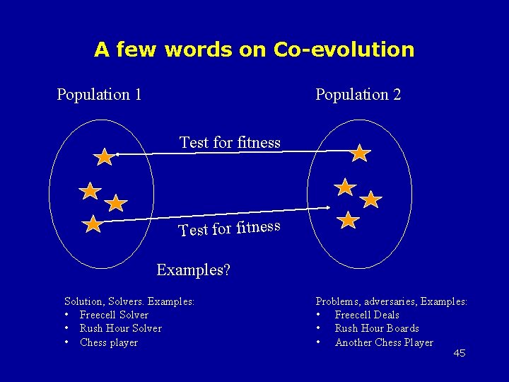 A few words on Co-evolution Population 1 Population 2 Test for fitness Examples? Solution,