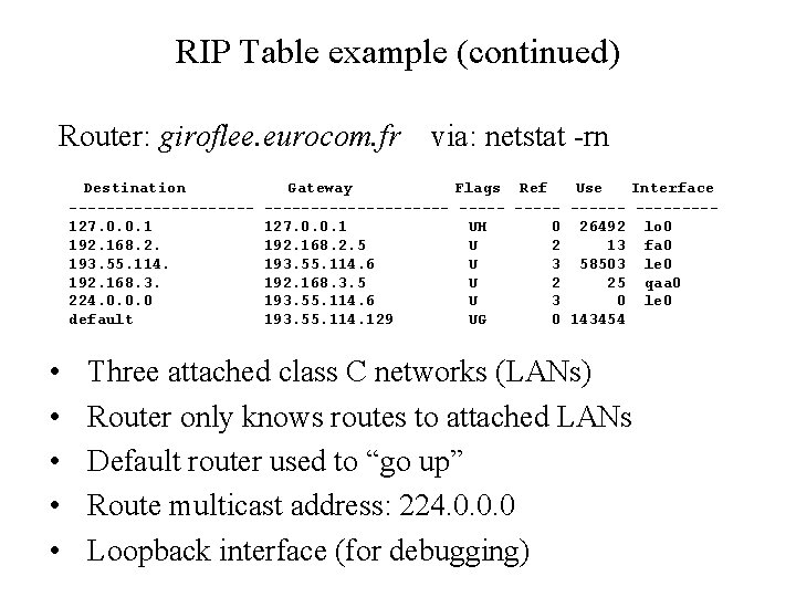 RIP Table example (continued) Router: giroflee. eurocom. fr Destination ----------127. 0. 0. 1 192.