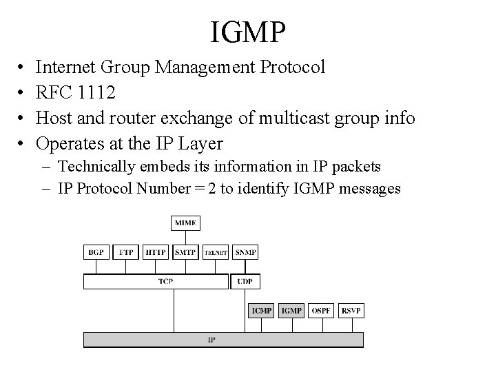 IGMP • • Internet Group Management Protocol RFC 1112 Host and router exchange of