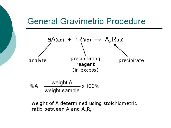 General Gravimetric Procedure a. A(aq) + r. R(aq) → Aa. Rr(s) analyte precipitating reagent