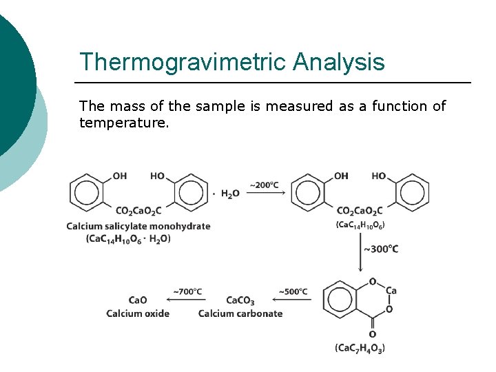 Thermogravimetric Analysis The mass of the sample is measured as a function of temperature.