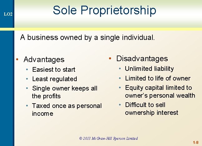 LO 2 Sole Proprietorship A business owned by a single individual. • Disadvantages •
