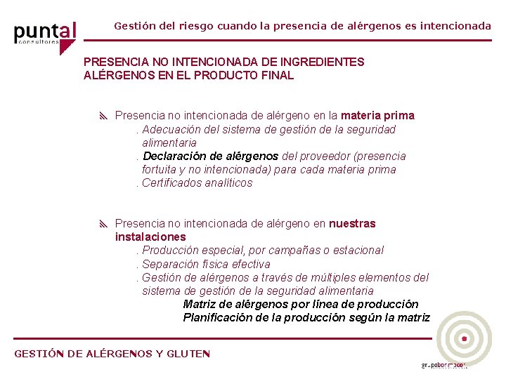 Gestión del riesgo cuando la presencia de alérgenos es intencionada PRESENCIA NO INTENCIONADA DE