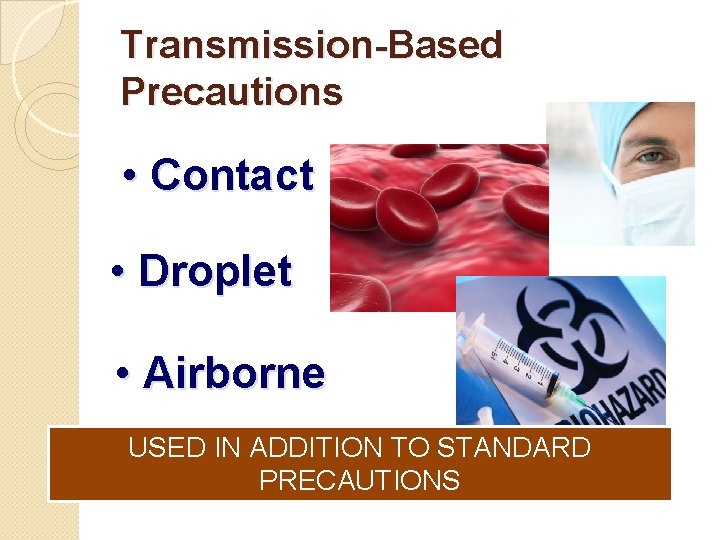 Transmission-Based Precautions • Contact • Droplet • Airborne USED IN ADDITION TO STANDARD PRECAUTIONS