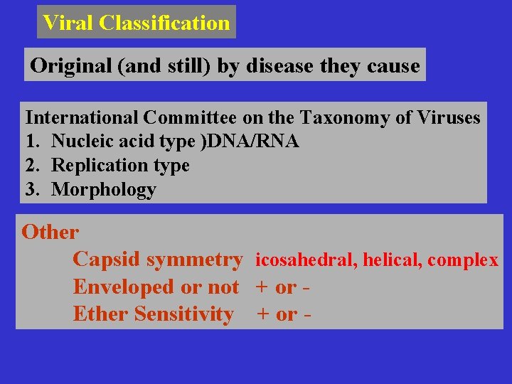 Viral Classification Original (and still) by disease they cause International Committee on the Taxonomy