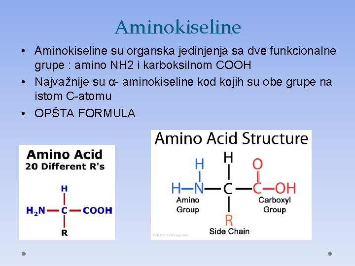 Aminokiseline • Aminokiseline su organska jedinjenja sa dve funkcionalne grupe : amino NH 2