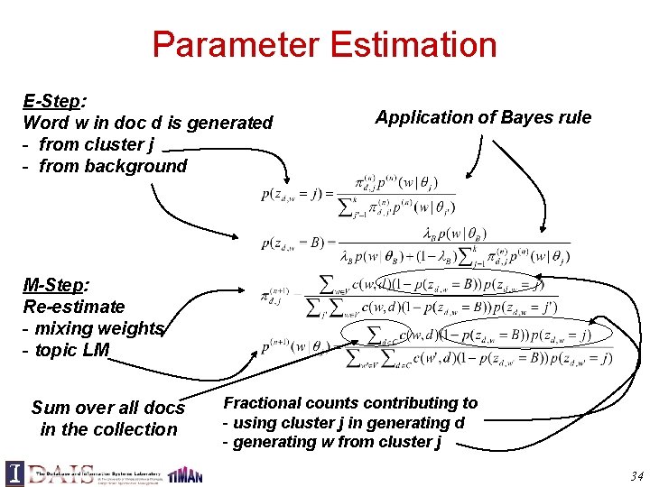 Parameter Estimation E-Step: Word w in doc d is generated - from cluster j