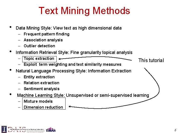 Text Mining Methods • • Data Mining Style: View text as high dimensional data