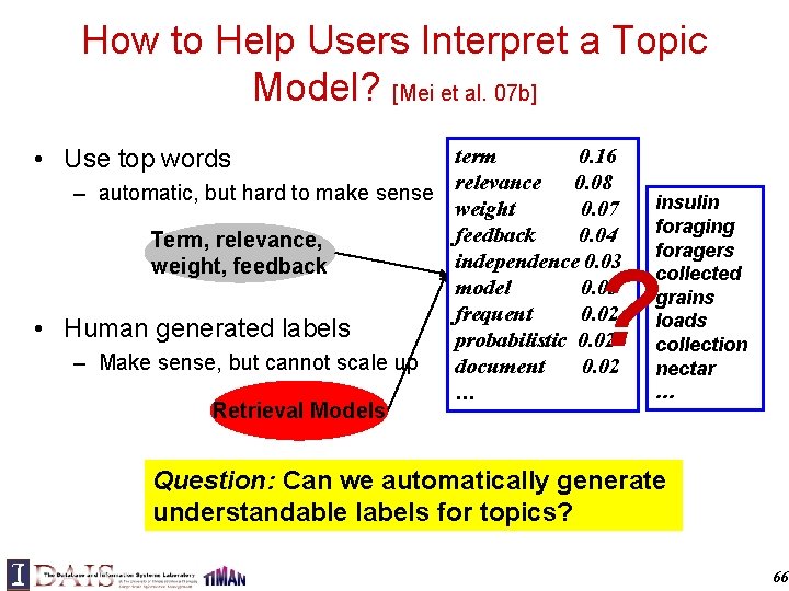 How to Help Users Interpret a Topic Model? [Mei et al. 07 b] •