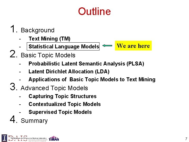 Outline 1. Background - Text Mining (TM) - Probabilistic Latent Semantic Analysis (PLSA) Latent