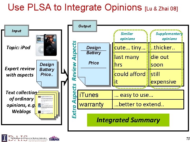 Use PLSA to Integrate Opinions [Lu & Zhai 08] Output Topic: i. Pod Expert