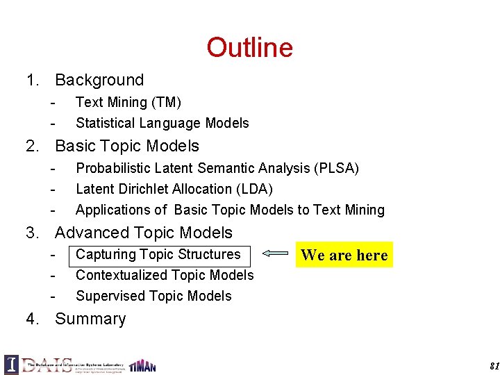 Outline 1. Background - Text Mining (TM) Statistical Language Models 2. Basic Topic Models