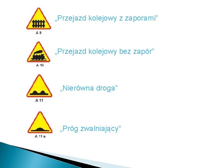 „Przejazd kolejowy z zaporami” „Przejazd kolejowy bez zapór” „Nierówna droga” „Próg zwalniający” „Przejazd kolejowy z zaporami” „Przejazd kolejowy bez zapór” „Nierówna droga” „Próg zwalniający”