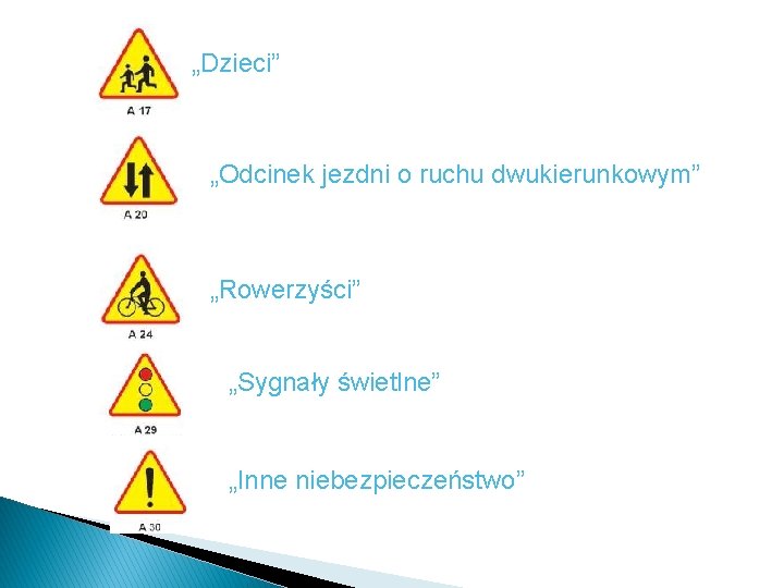 „Dzieci” „Odcinek jezdni o ruchu dwukierunkowym” „Rowerzyści” „Sygnały świetlne” „Inne niebezpieczeństwo” „Dzieci” „Odcinek jezdni o ruchu dwukierunkowym” „Rowerzyści” „Sygnały świetlne” „Inne niebezpieczeństwo”