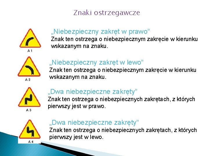 Znaki ostrzegawcze „Niebezpieczny zakręt w prawo” Znak ten ostrzega o niebezpiecznym zakręcie w kierunku Znaki ostrzegawcze „Niebezpieczny zakręt w prawo” Znak ten ostrzega o niebezpiecznym zakręcie w kierunku