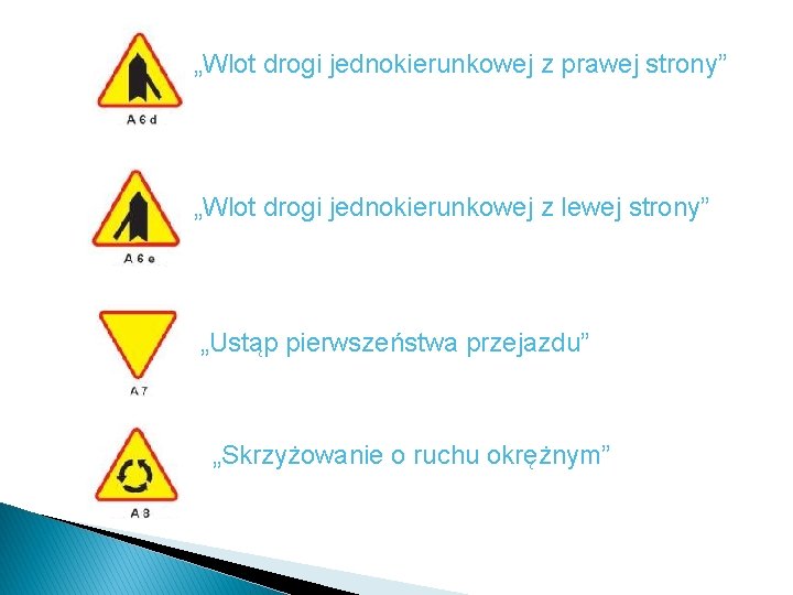„Wlot drogi jednokierunkowej z prawej strony” „Wlot drogi jednokierunkowej z lewej strony” „Ustąp pierwszeństwa „Wlot drogi jednokierunkowej z prawej strony” „Wlot drogi jednokierunkowej z lewej strony” „Ustąp pierwszeństwa