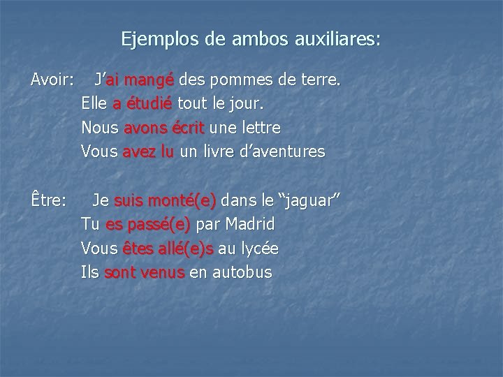 Ejemplos de ambos auxiliares: Avoir: J’ai mangé des pommes de terre. Elle a étudié