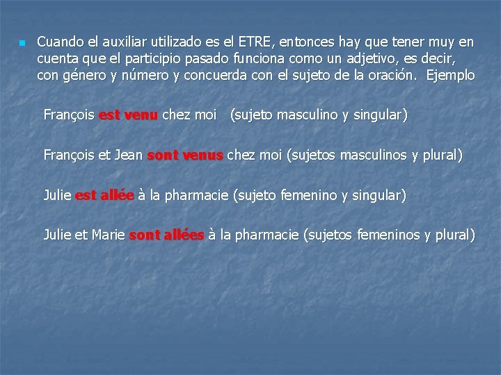 n Cuando el auxiliar utilizado es el ETRE, entonces hay que tener muy en