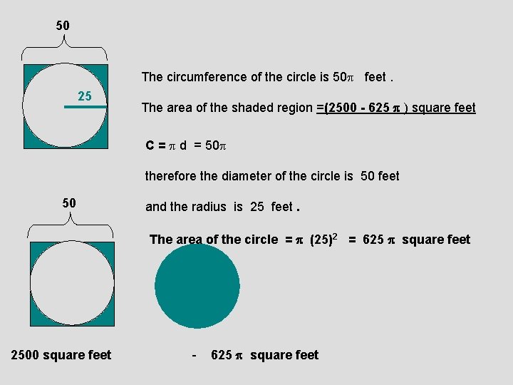 50 The circumference of the circle is 50 feet. 25 The area of the